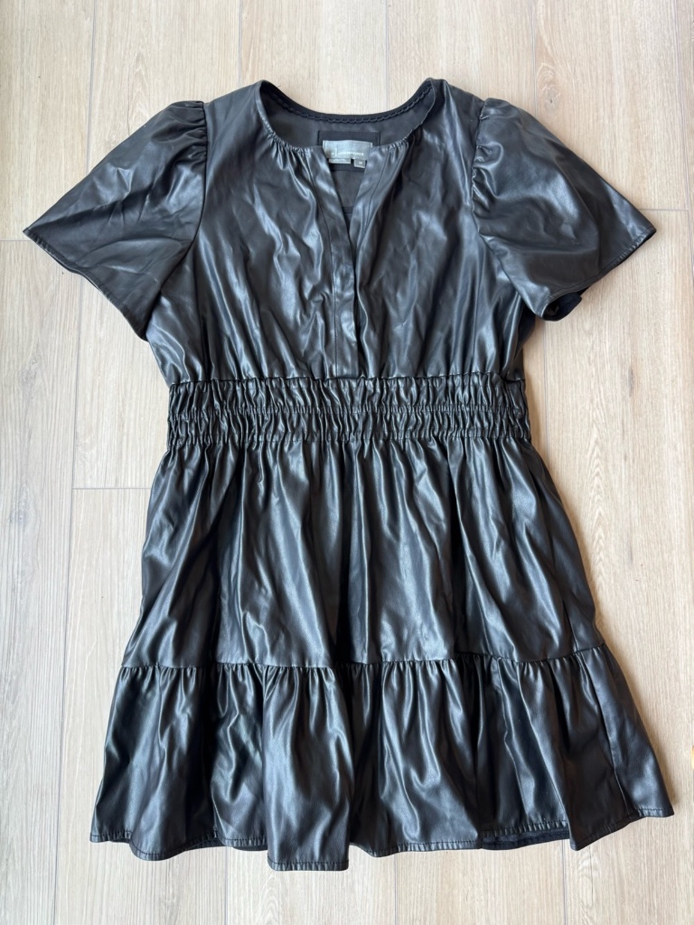 Anthropologie Somerset Vegan Leather Mini Dress Black Smocked Tiered Sz  LP EUC - Picture 6 of 16